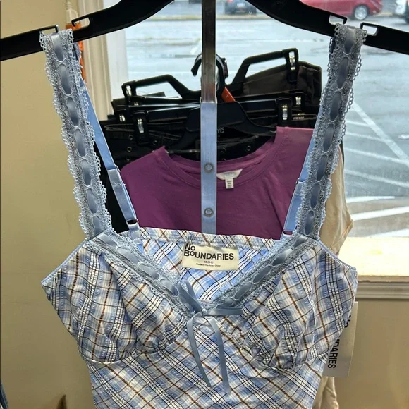 No Boundaries Light Blue Plaid Camisole with Lace - Picture 3 of 6